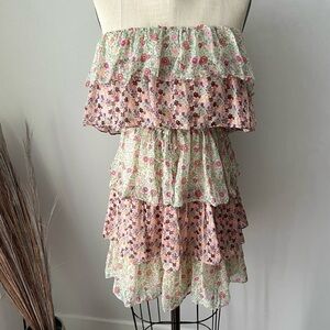100% Silk - MM Couture Green and Pink Ruffled Mini Strapless Silk Dress